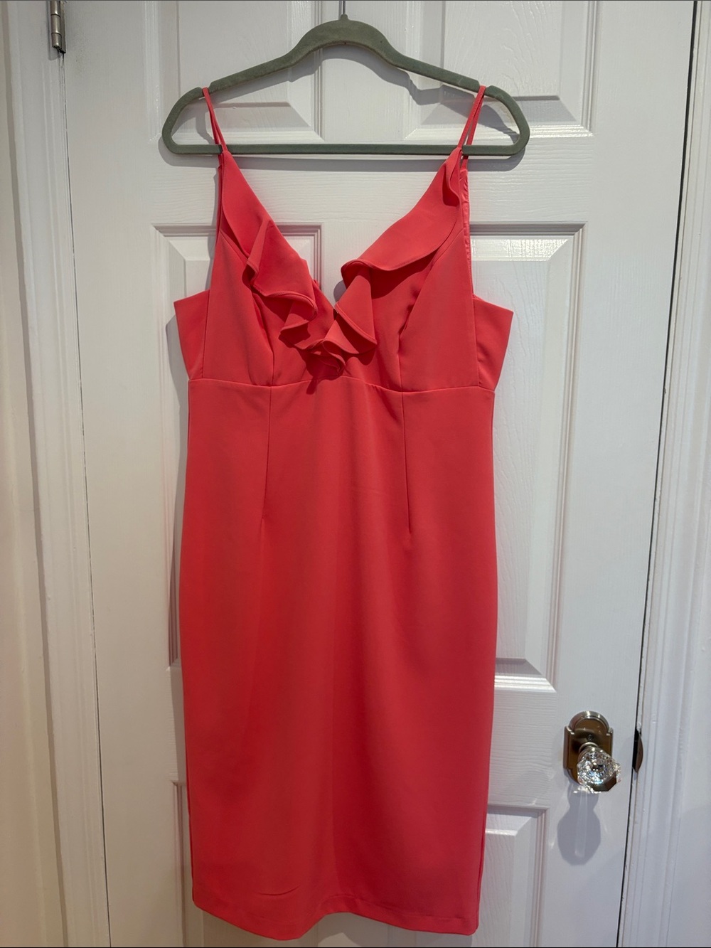 Bardot Coral Ruffle V-Neck Spaghetti Strap Midi Dress